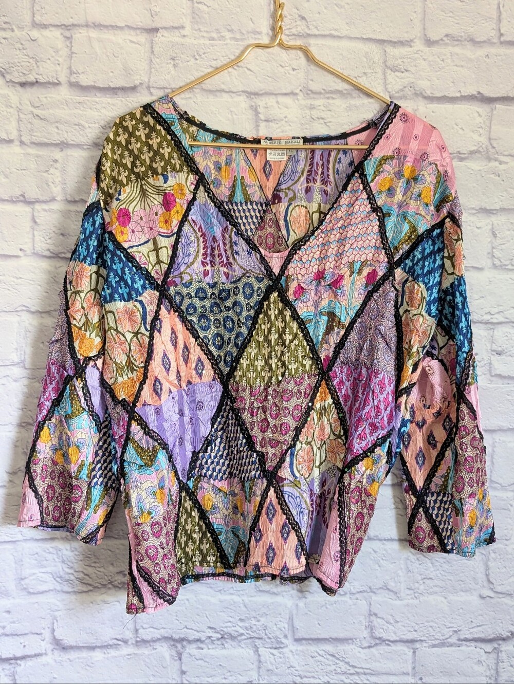 Vintage Alberto Makali Pleated Patchwork Top XL Floral Pastel Lace Y2K Stretchy